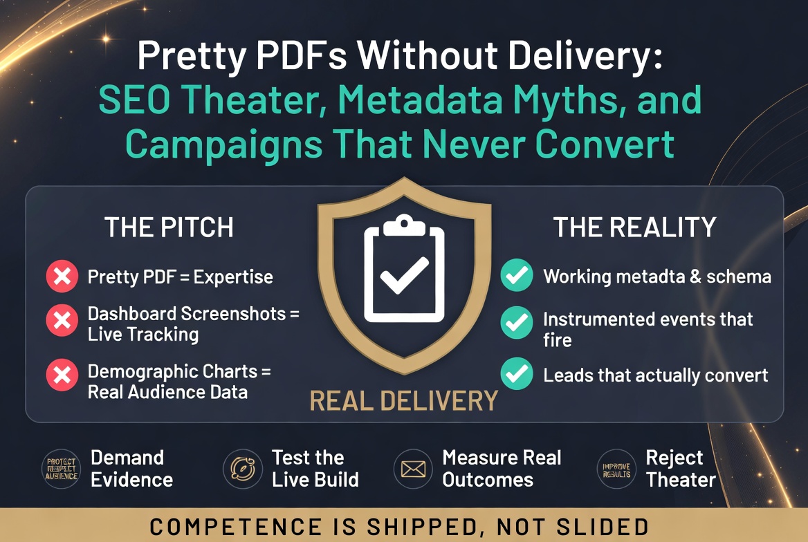 Marketing agency pretty PDF pitch deck contrasted with broken real product — SEO theater, metadata claims, and failed lead generation
